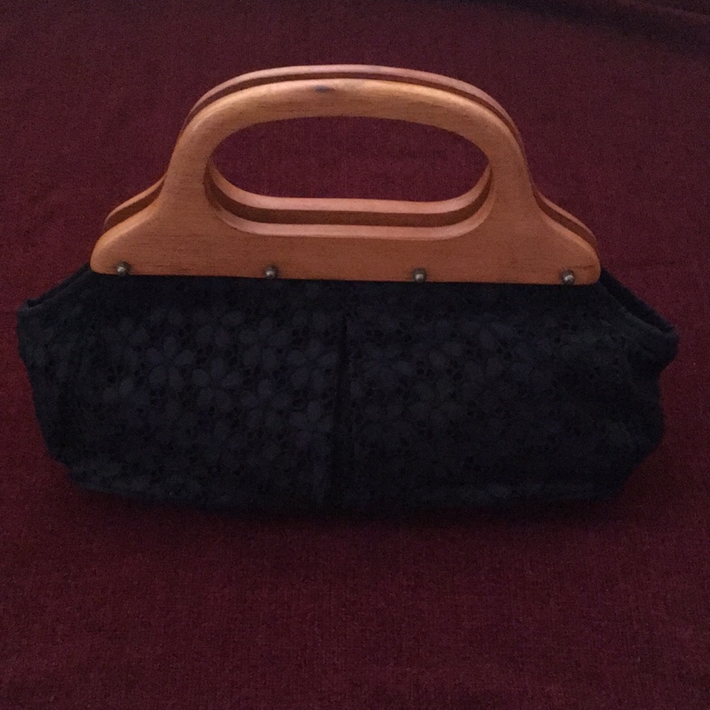 J Crew black eyelet handbag with wooden handle